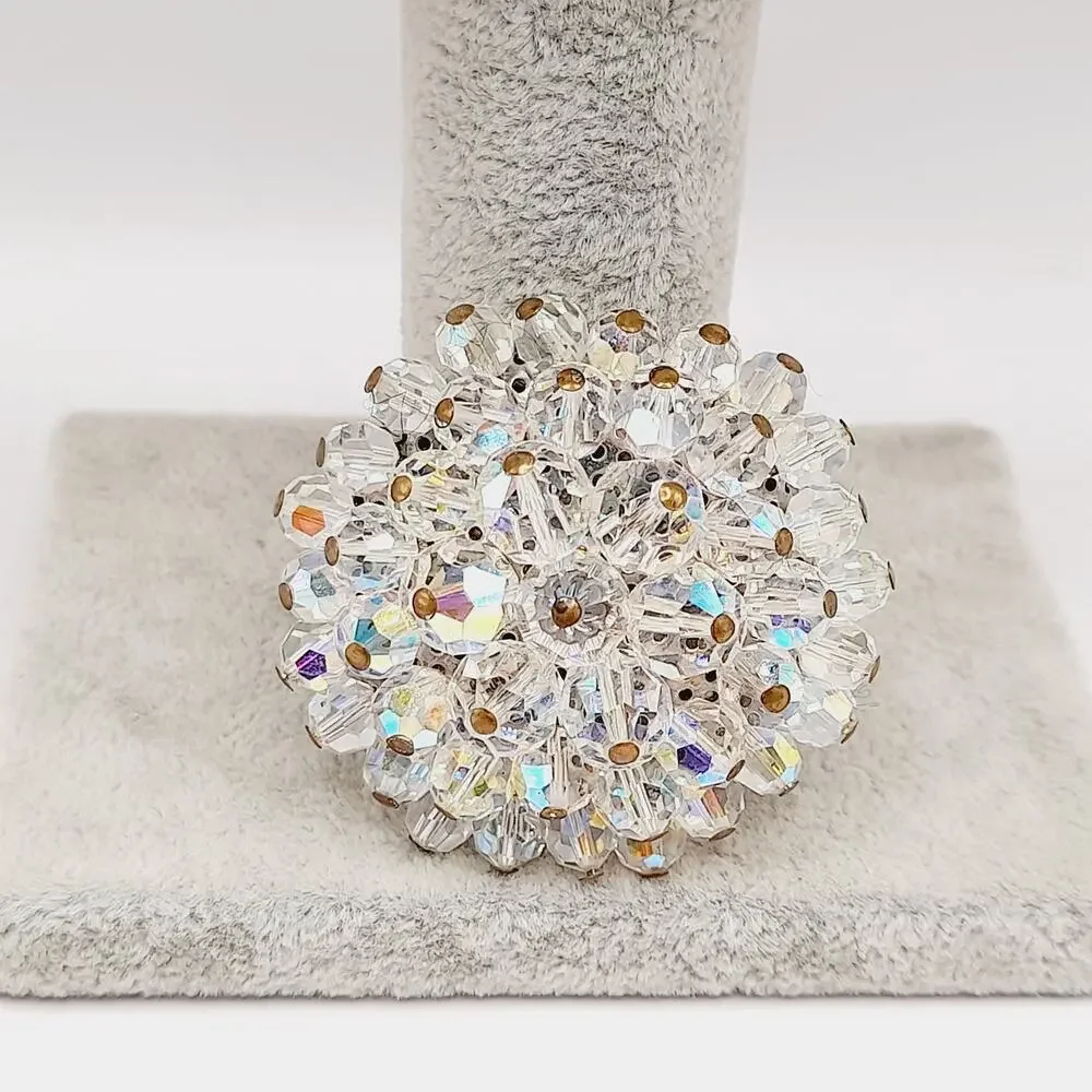 Vintage AB Crystal Beaded Brooch Clear Aurora Borealis Round 2 Inch 1960s
